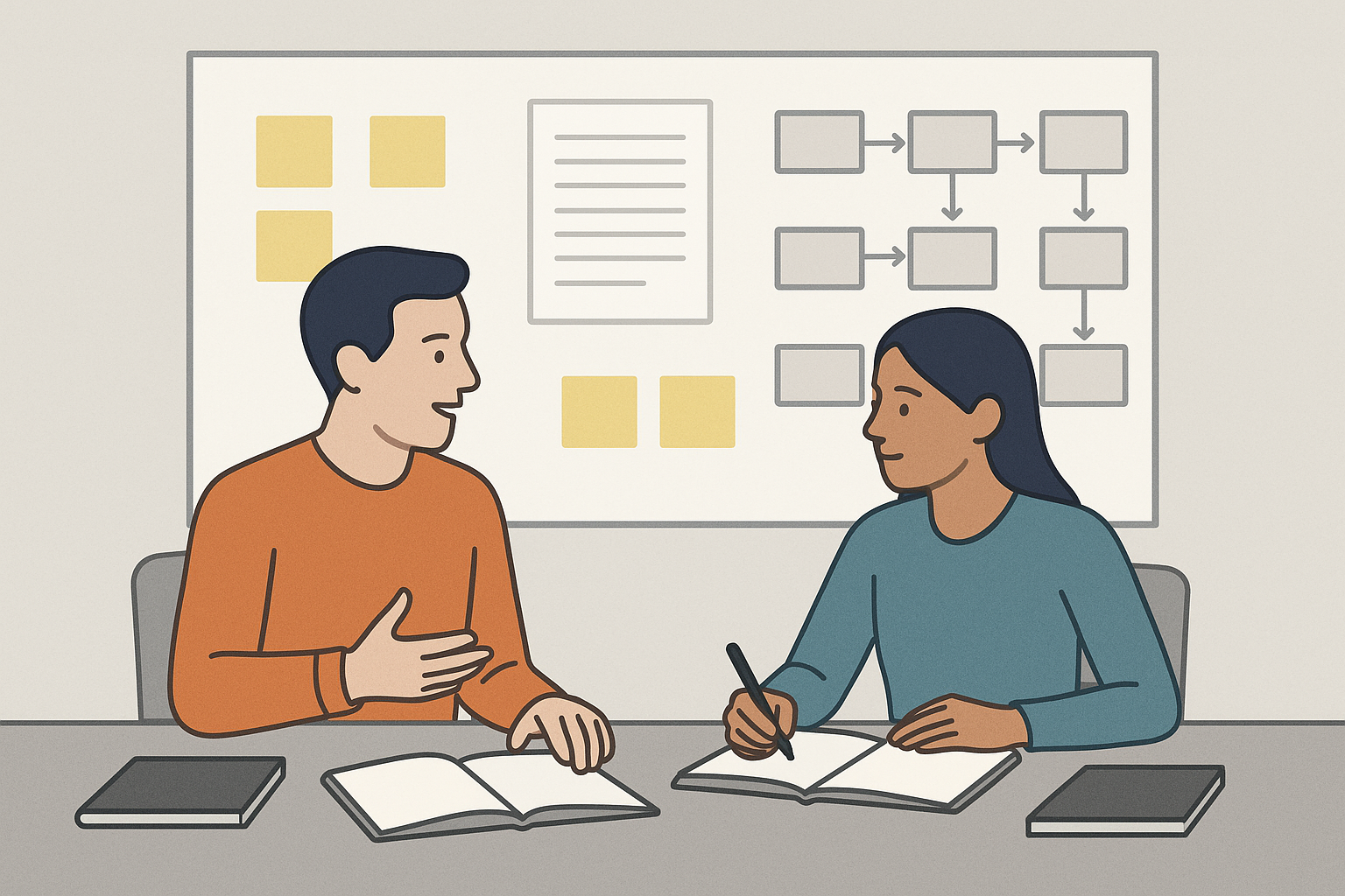 AI-generated workplace case study illustration showing a professional conversation in context