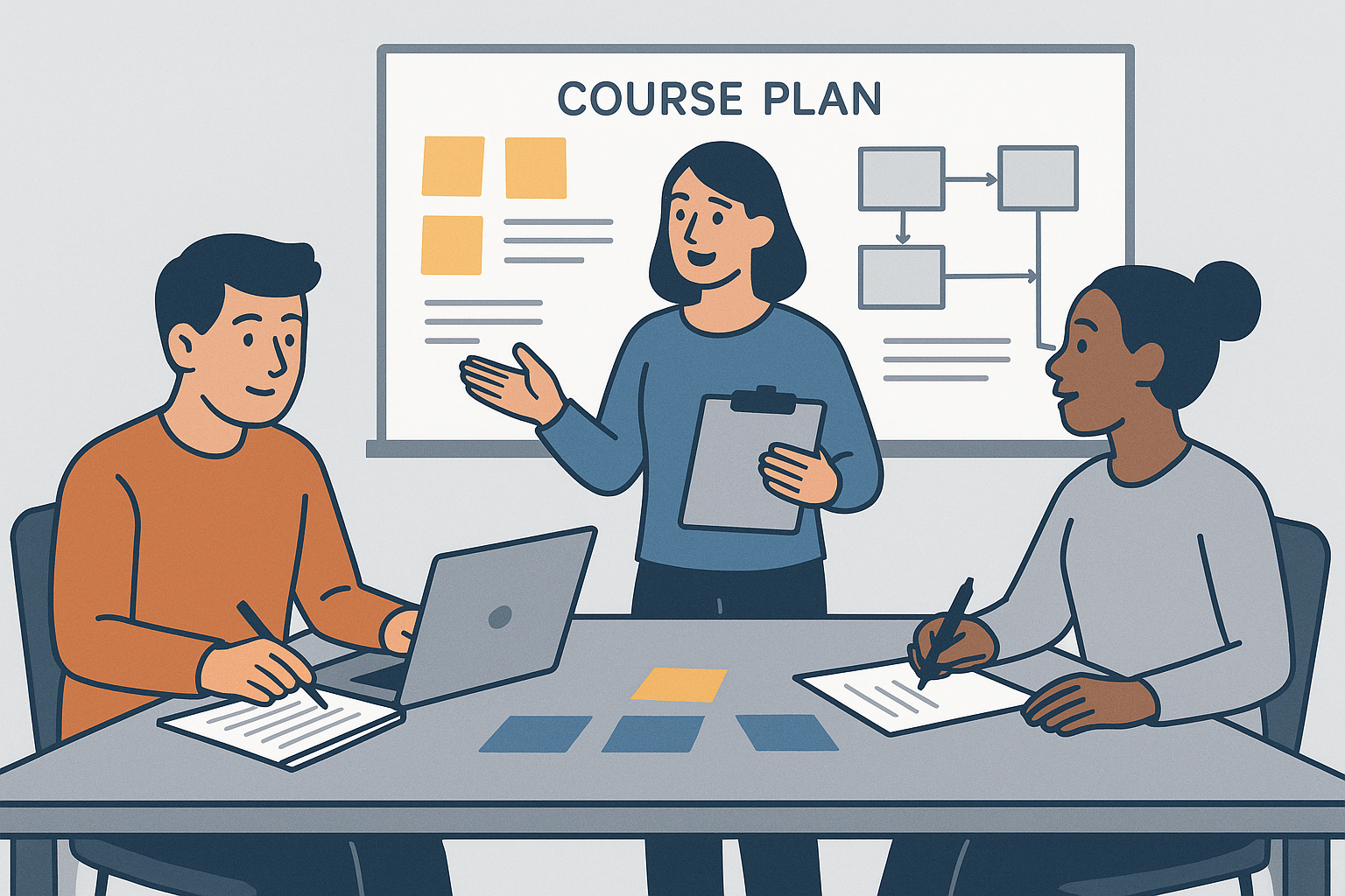 AI-generated illustration of a course planning workshop with curriculum mapping notes and sequencing ideas