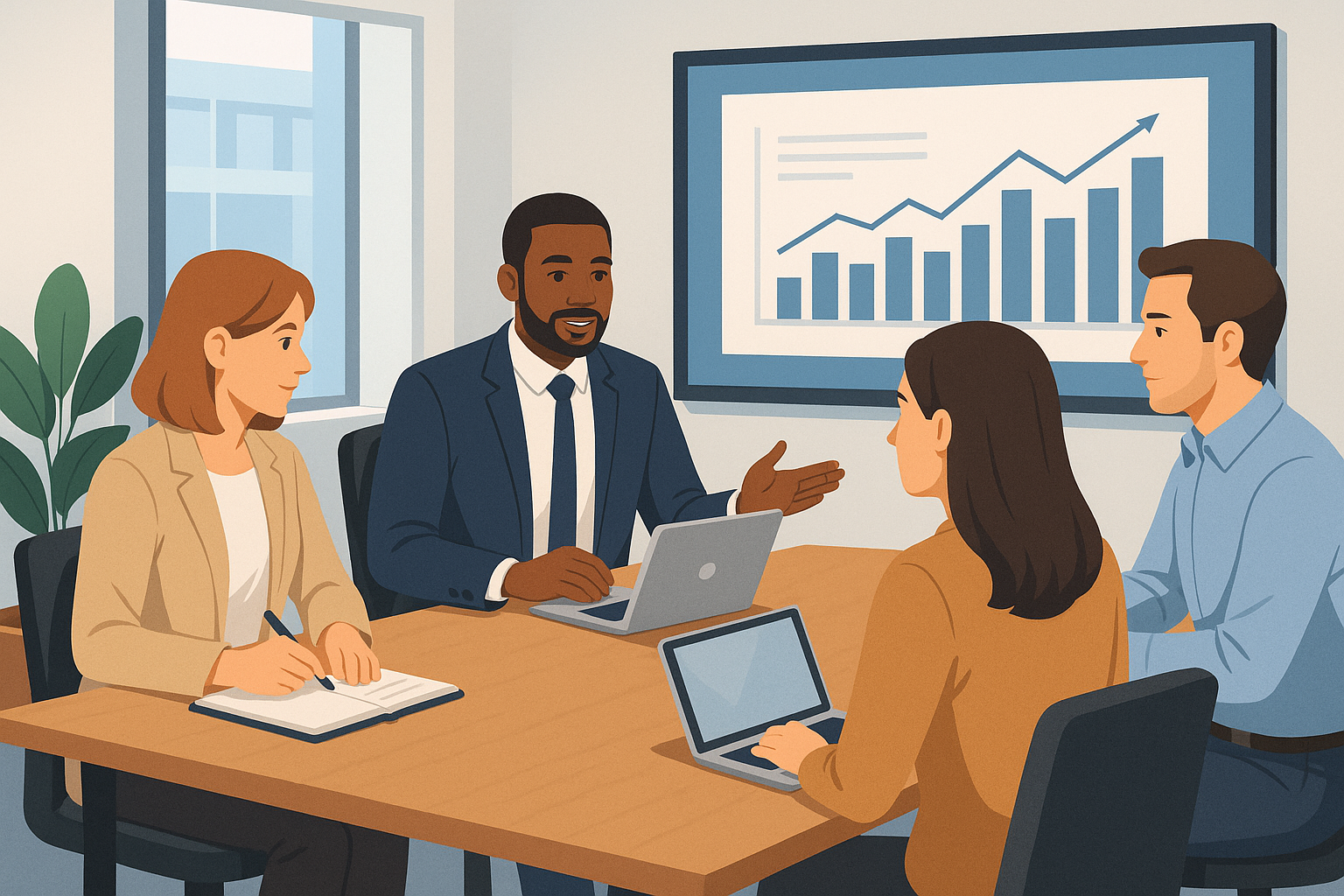 AI-generated example of an office team meeting used to establish context for a workplace communication scenario